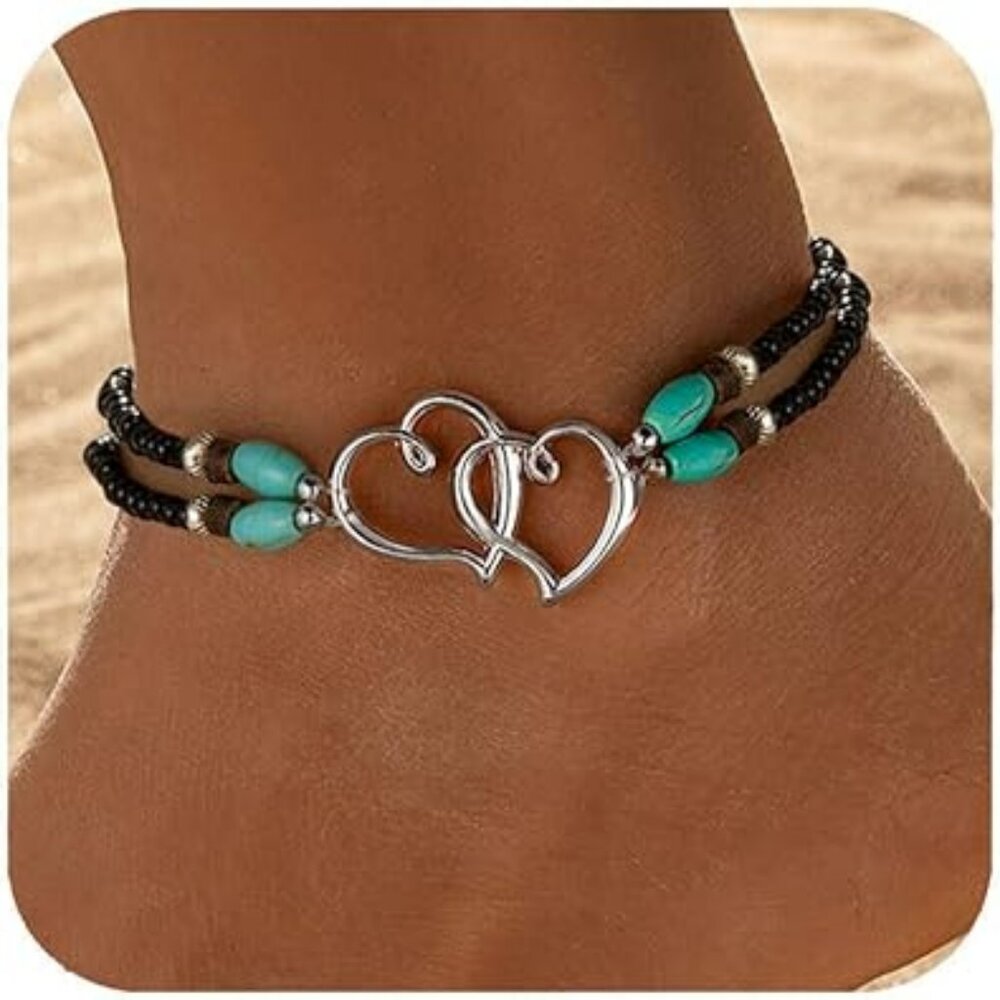 Heart Beaded Ankle‎ Bracelet Waterproof Elastic Beaded Anklet Double Hearts